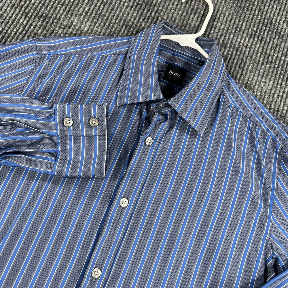 Hugo Boss Shirt Mens Medium Blue Striped Long Sleeve Button Up Dress Work